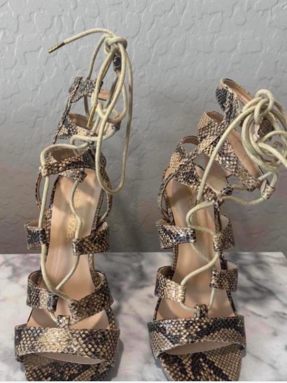 Snake-Print Lace-Up Women’s Sandals in Brown